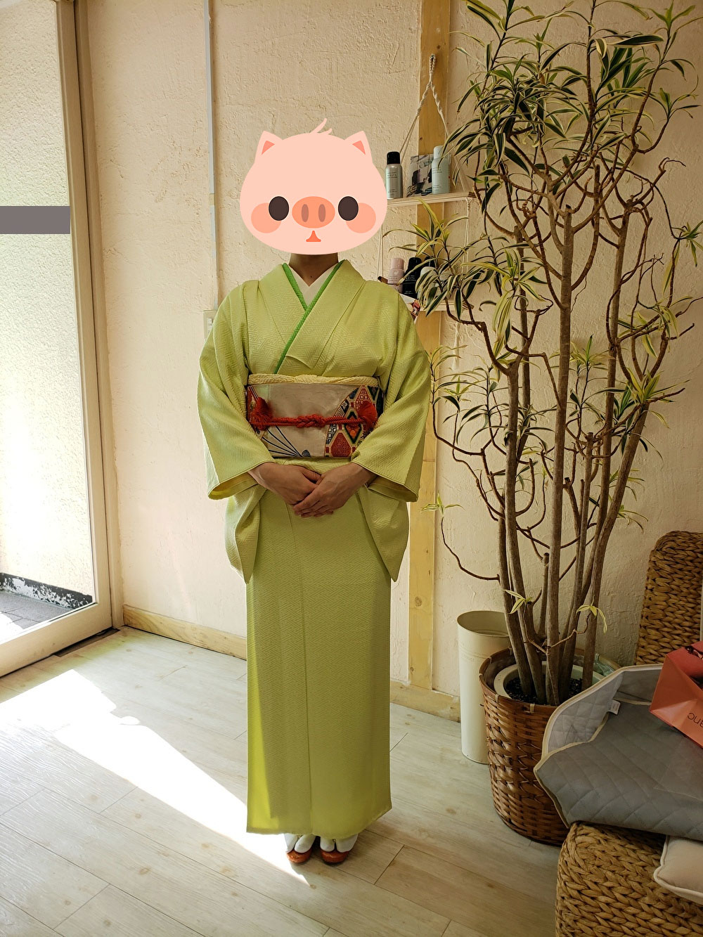 春から初夏にかけての新緑のような鮮やかなライトグリーンの着物1点
